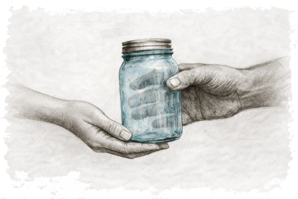 Charcoal sketch showing one hand passing a vintage blue mason jar to another