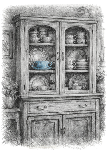 Charcoal sketch of a china hutch filled with dishes and teacups