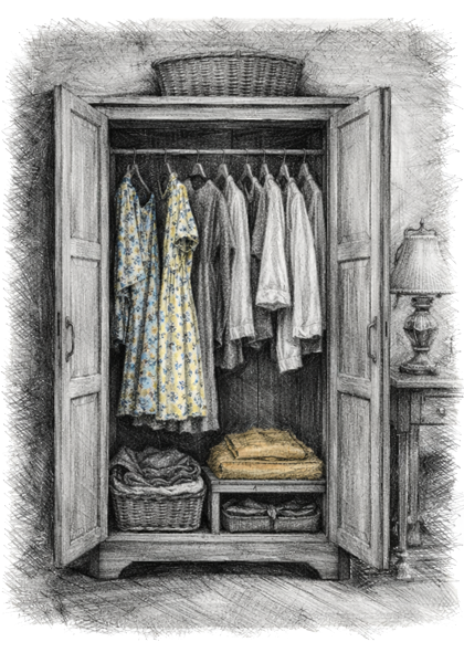 Charcoal sketch of an open wardrobe with hanging clothes and soft light