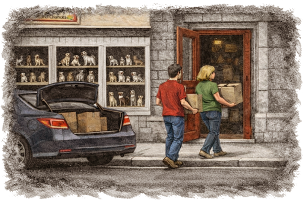 Two people carrying boxes into the DJ’s Discount Delights storefront