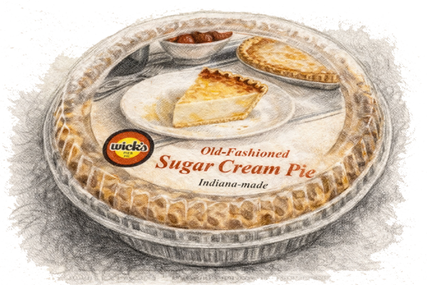 Charcoal-style illustration of an Indiana-made sugar cream pie with warm tones