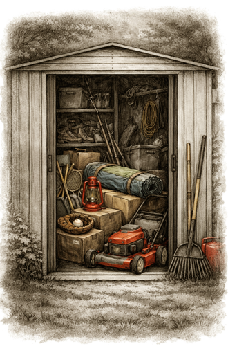 Outdoor shed with stored items limiting space for lawn equipment